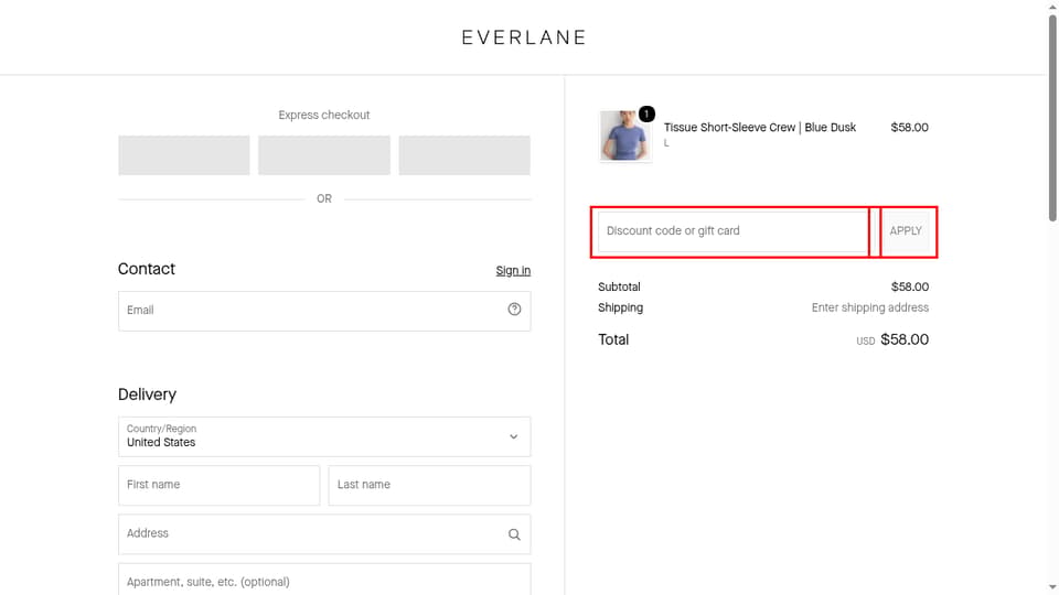 Everlane checkout page showing the Discount code or gift card field and APPLY button