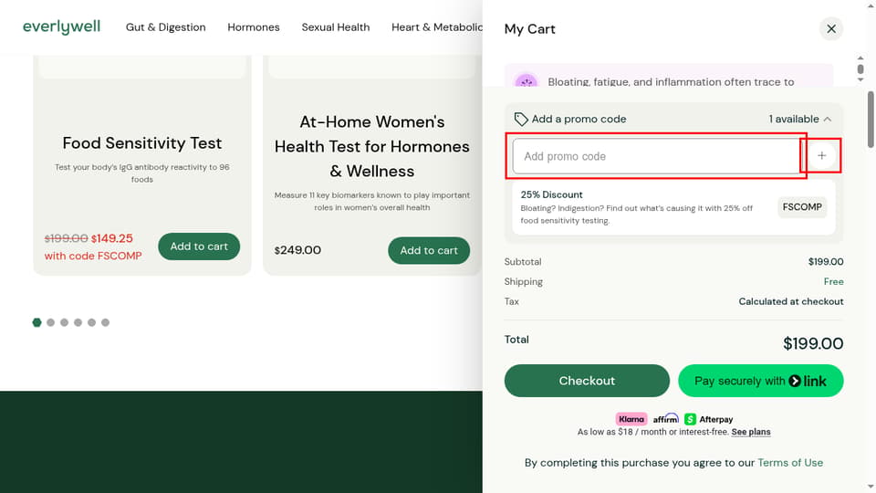 Everlywell checkout page showing the Add promo code field and Apply button