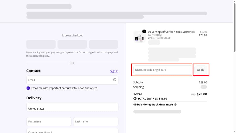 Everyday Dose checkout page showing the Discount code or gift card field and Apply button