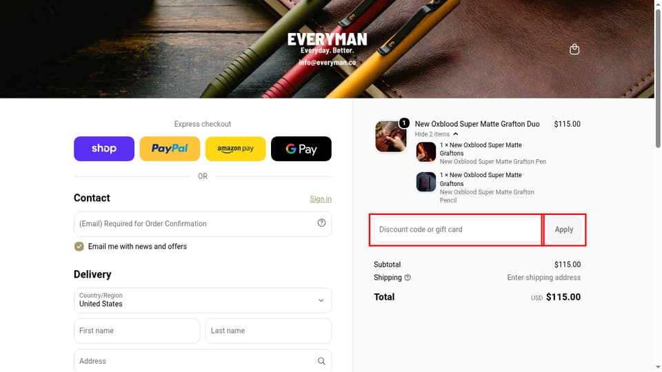 Everyman checkout page showing the Discount code or gift card field and Apply button