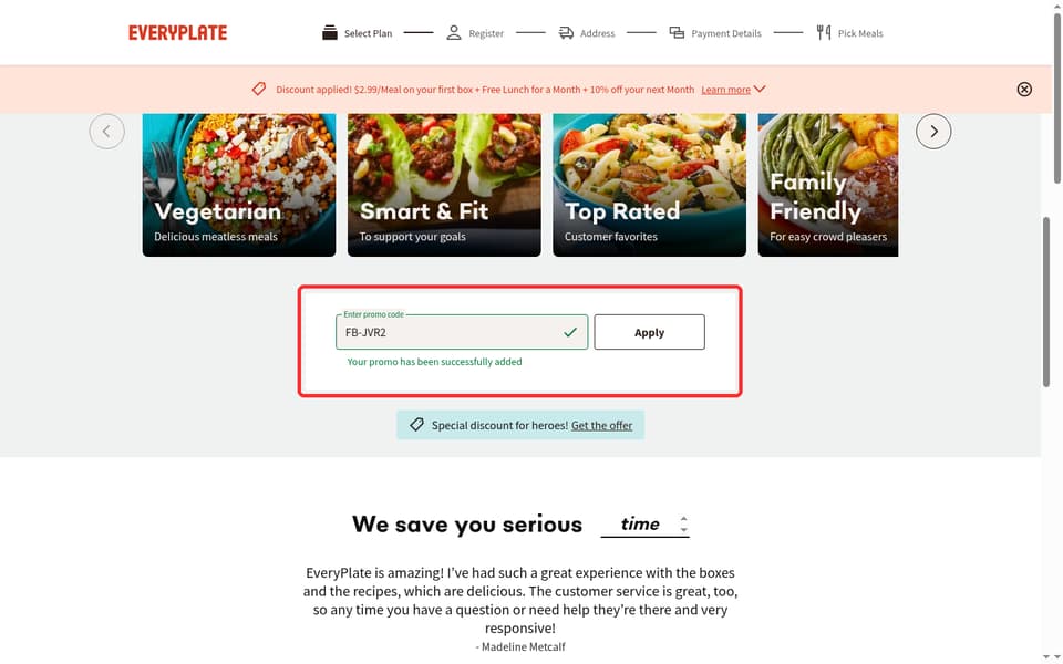EveryPlate checkout page showing the Enter promo code field and Apply button