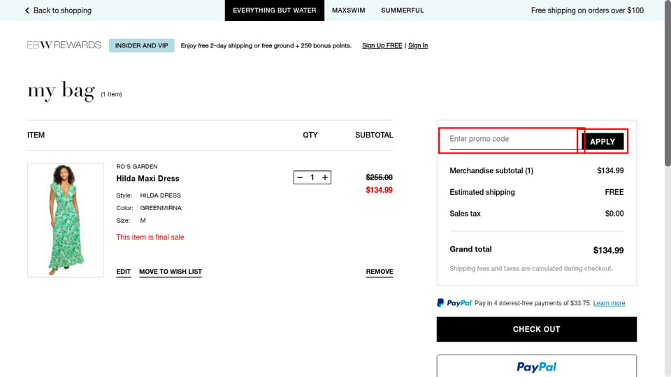 Everything But Water checkout page showing the Enter promo code field and Apply button