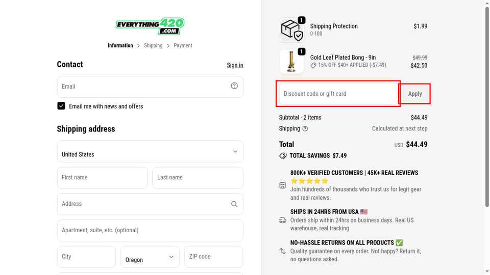 Everything 420 checkout page showing the Discount code or gift card field and Apply button