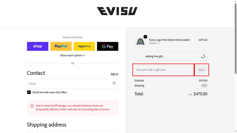 EVISU checkout page showing the Discount code or gift card field and Apply button