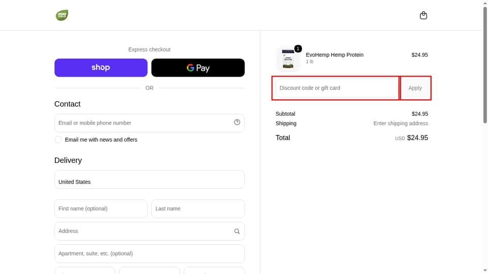 Evo Hemp checkout page showing the Discount code or gift card field and Apply button