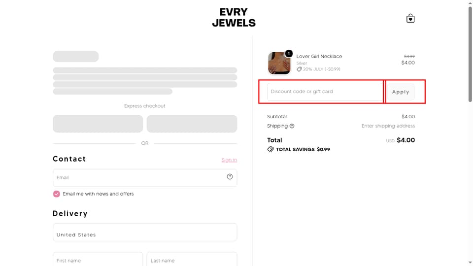 Evry Jewels checkout page showing the Discount code or gift card field and Apply button
