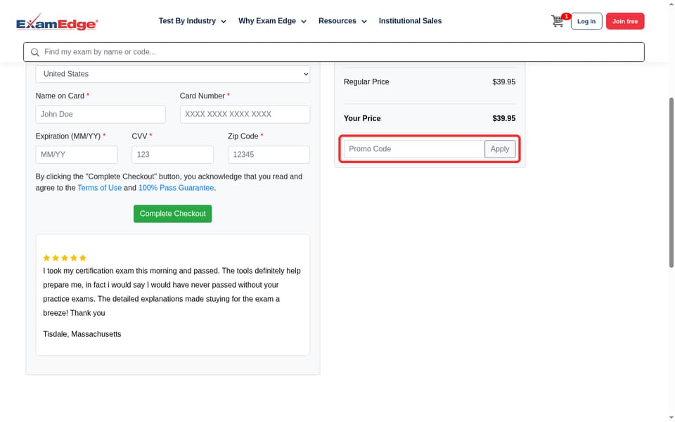 Exam Edge checkout page showing the Promo Code field and Apply button