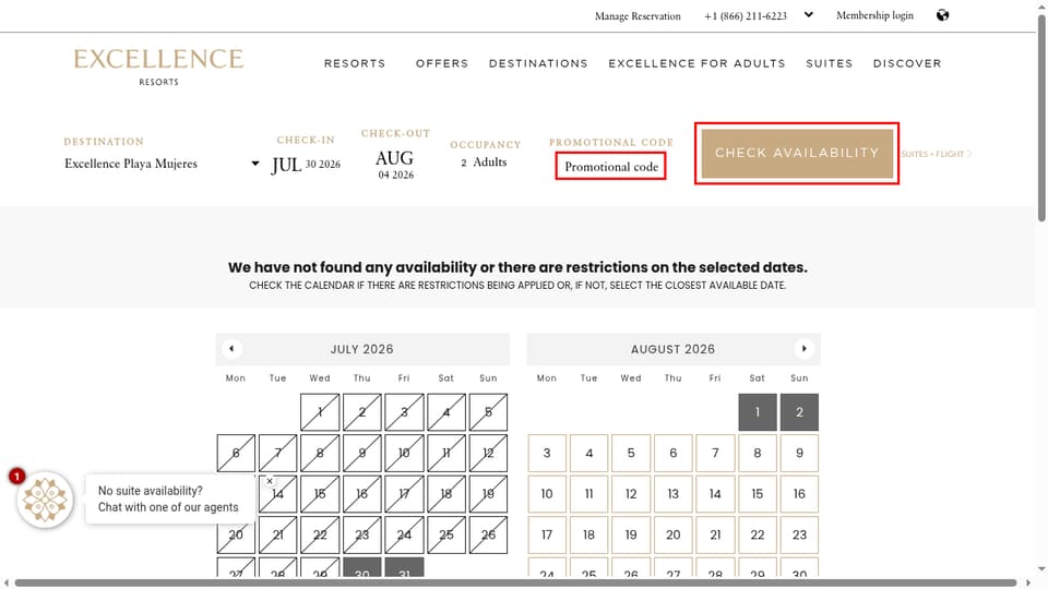 Excellence Resorts checkout page showing the Promotional code field and Check availability button