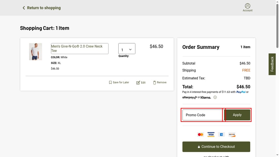 ExOfficio checkout page showing the Promo Code field and Apply button
