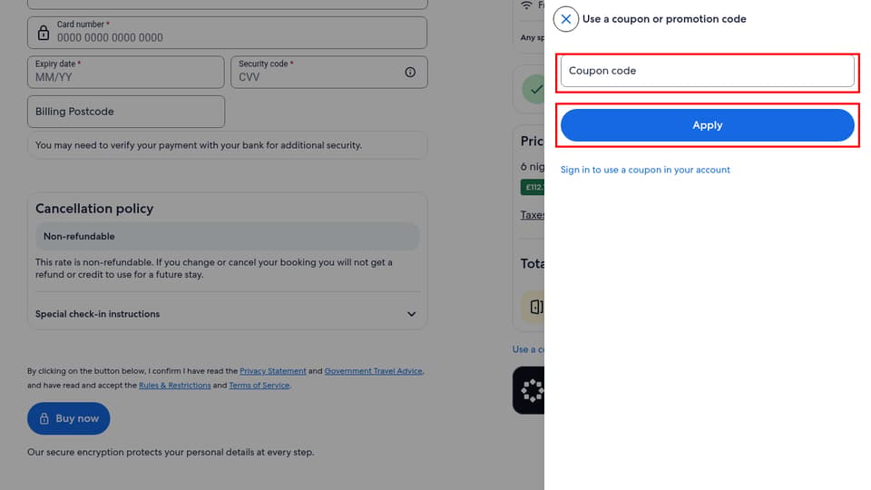 Expedia checkout page showing the Coupon code field and Apply button