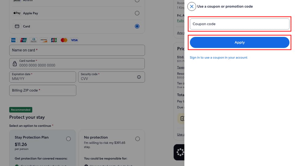 Expedia checkout page showing the Coupon code field and Apply button