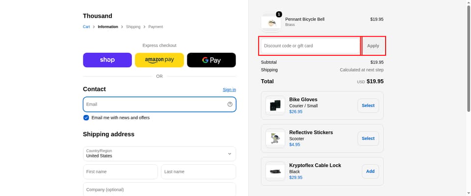 Thousand Helmets checkout page showing the 
