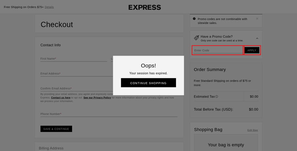 Express checkout page showing the Enter Code field and APPLY button