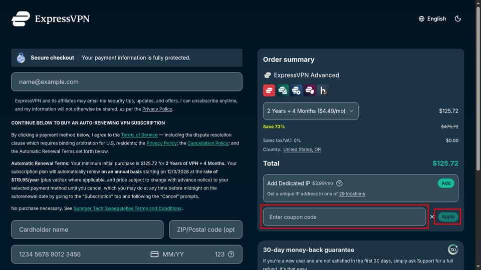 ExpressVPN checkout page showing the Enter coupon code field and Apply button