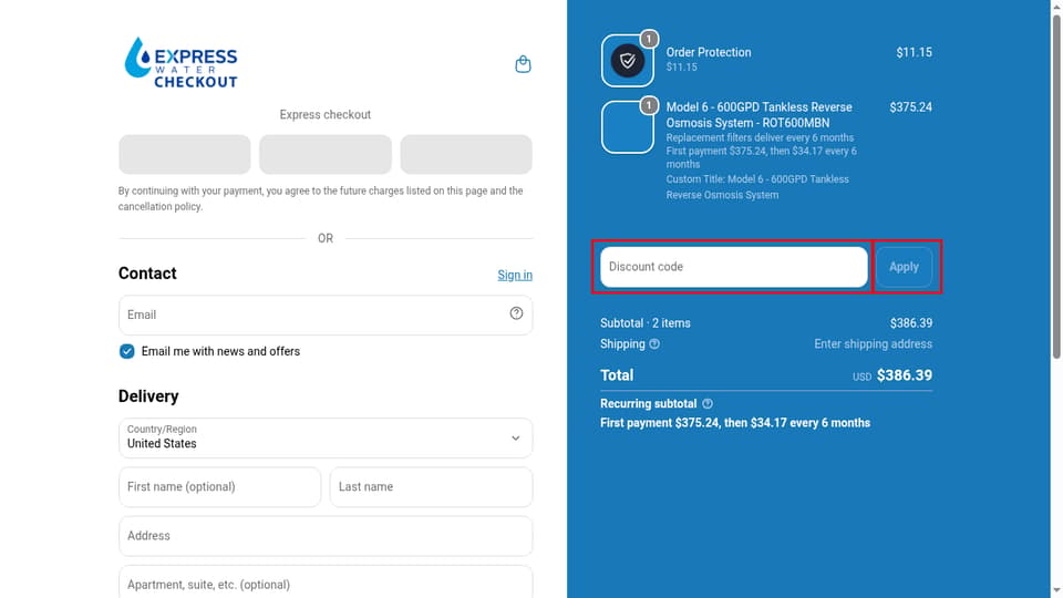 Express Water checkout page showing the Discount code field and Apply button