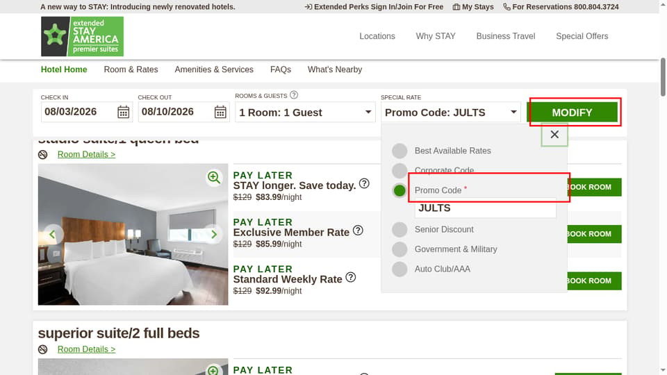 Extended Stay America checkout page showing the Enter a Code field and Modify button