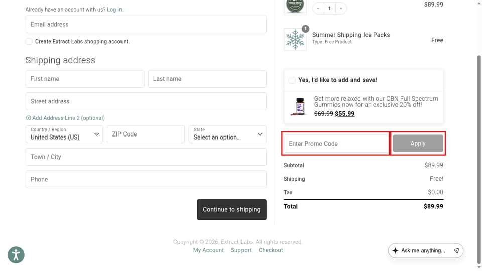 Extract Labs checkout page showing the Enter Promo Code field and Apply button