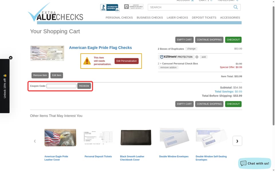 Extra Value Checks checkout page showing the Coupon Code: field and REDEEM button