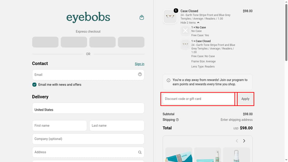 eyebobs checkout page showing the Discount code or gift card field and Apply button