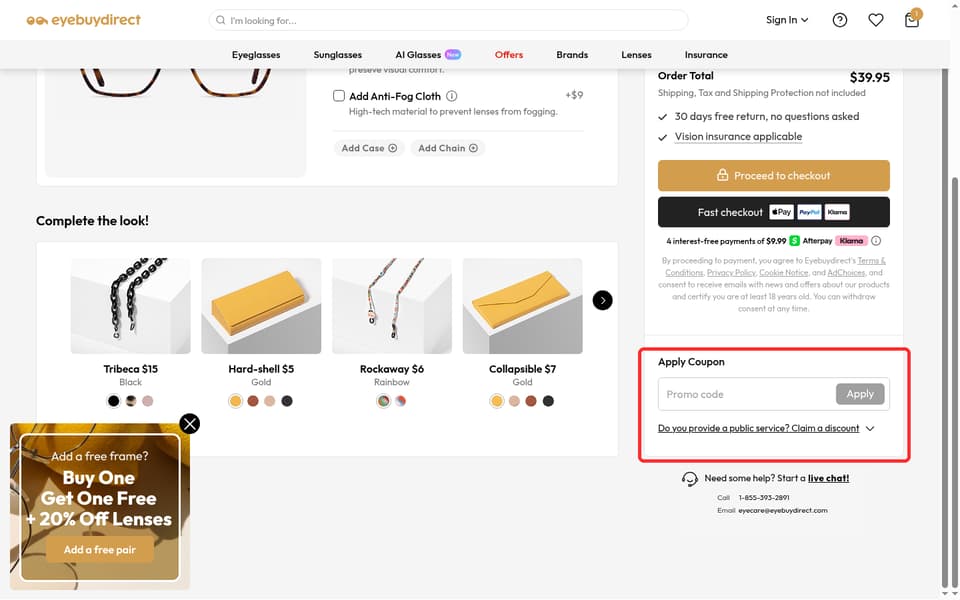 EyeBuyDirect checkout page showing the Promo code field and Apply button