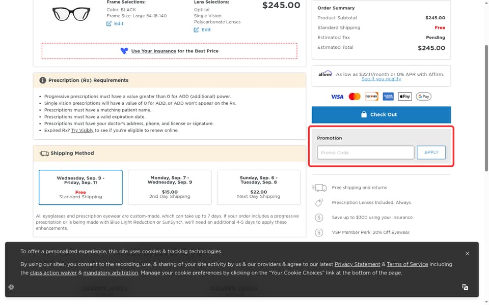 Eyeconic checkout page showing the Enter promo code field and Apply button