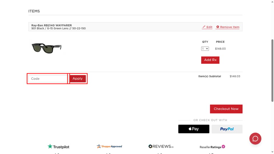 EZContacts checkout page showing the Code field and Apply button
