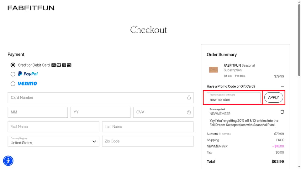 FabFitFun checkout page showing the Promo Code or Gift Card field and Apply button