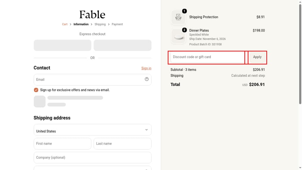 Fable checkout page showing the Discount code or gift card field and Apply button