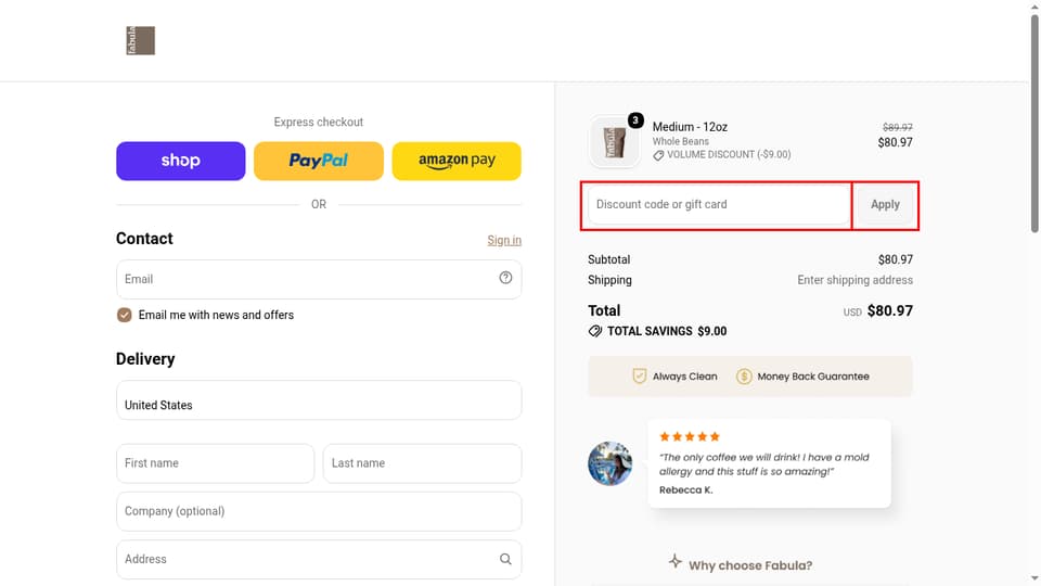 Fabula Coffee checkout page showing the Discount code or gift card field and Apply button