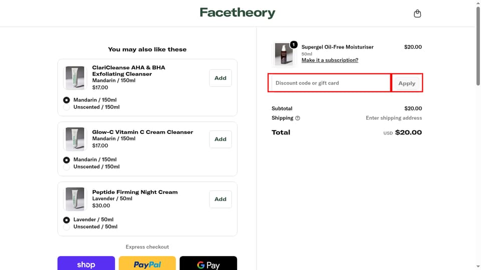 Facetheory checkout page showing the Discount code or gift card field and Apply button