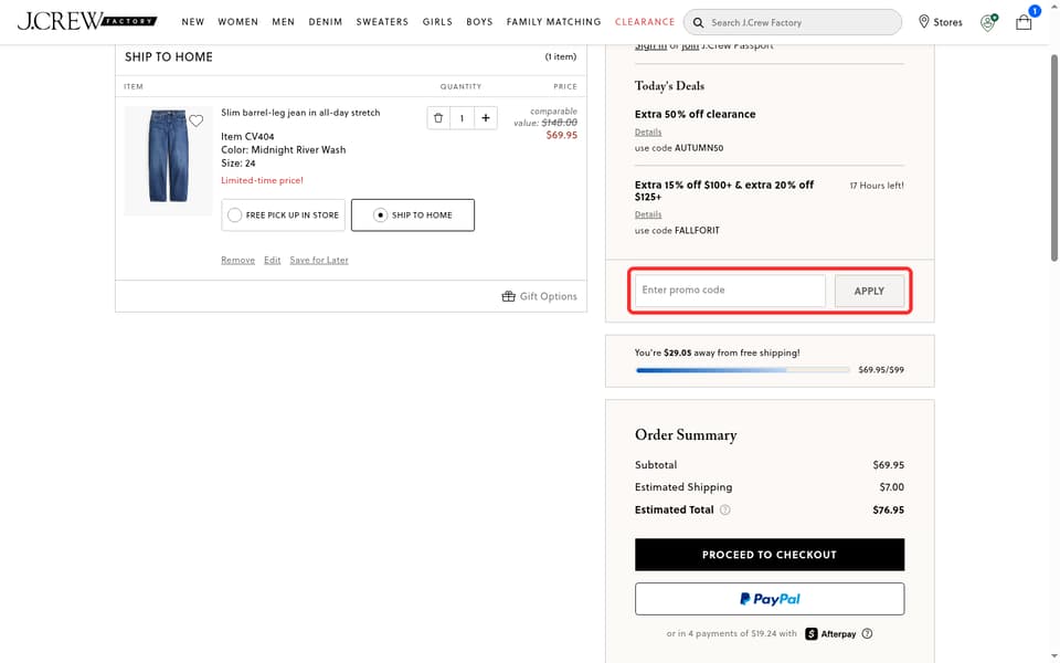 J.Crew Factory checkout page showing the Enter promo code field and Apply button