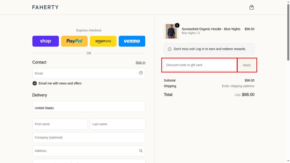 Faherty checkout page showing the Discount code or gift card field and Apply button