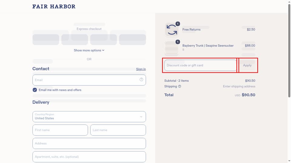 Fair Harbor checkout page showing the Discount code or gift card field and Apply button