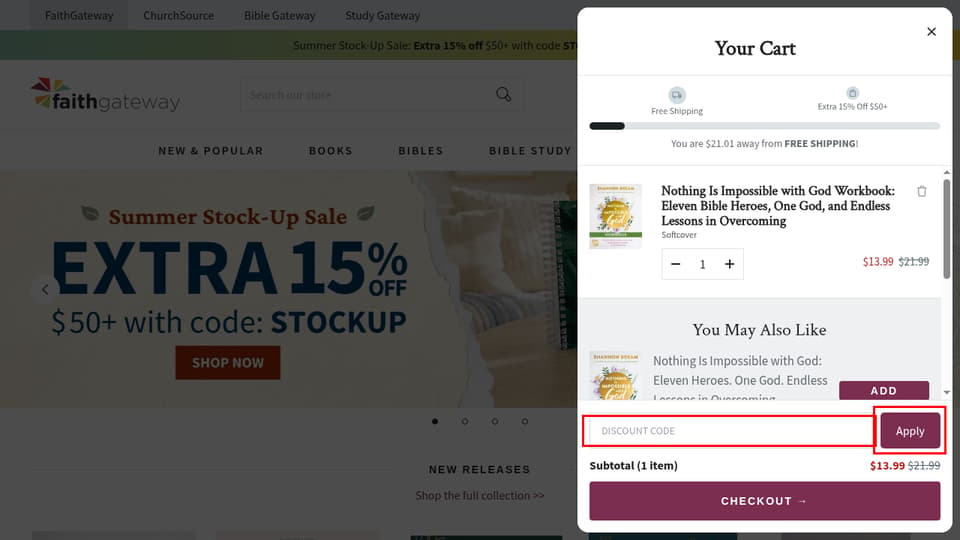 FaithGateway checkout page showing the Discount Code field and Apply button