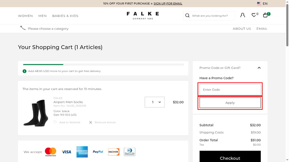 FALKE checkout page showing the Enter Code field and Apply button