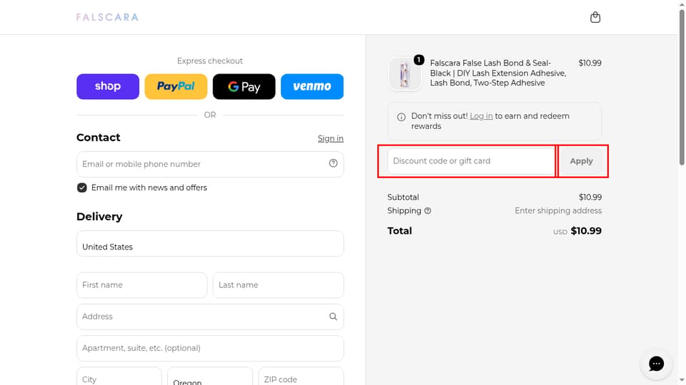 Falscara checkout page showing the Discount code or gift card field and Apply button