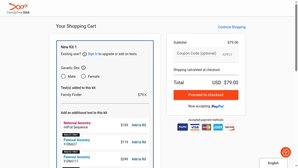 FamilyTreeDNA checkout page showing the Coupon Code (optional) field and APPLY button