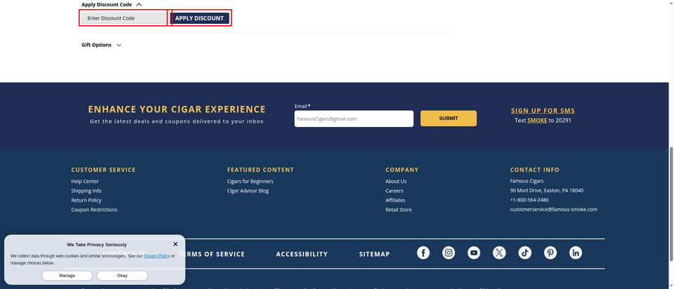Famous Smoke Shop checkout page showing the 