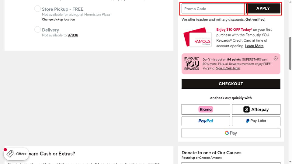 Famous Footwear checkout page showing the Promo Code field and APPLY button