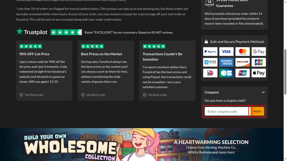 Fanatical checkout page showing the Enter coupon code field and Apply button