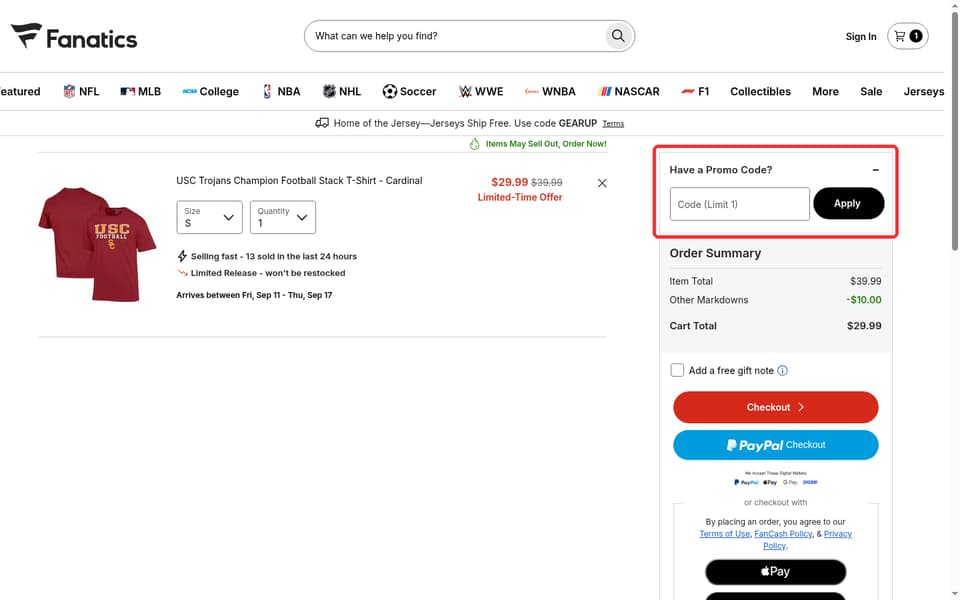 Fanatics checkout page showing the Code (Limit 1) field and Apply button