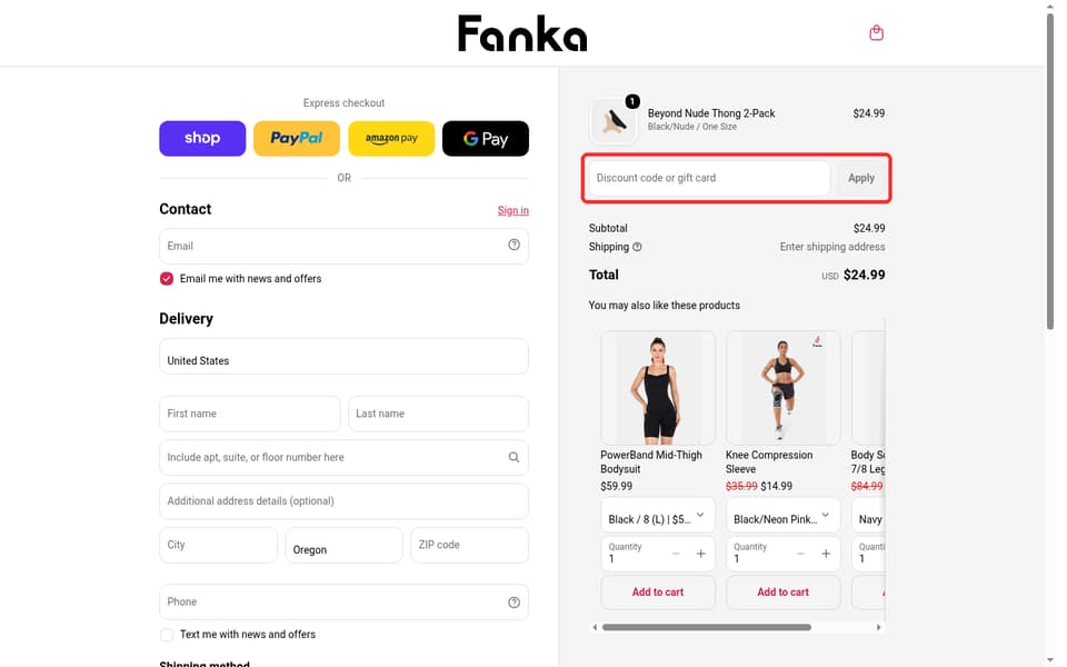 Fanka checkout page showing the Discount code or gift card field and Apply button
