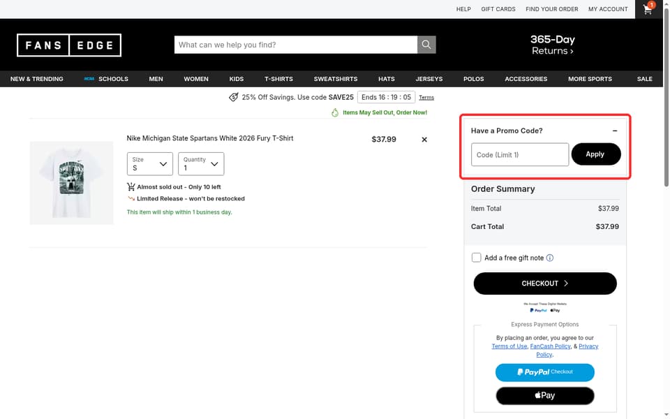 FansEdge checkout page showing the Code (Limit 1) field and Apply button