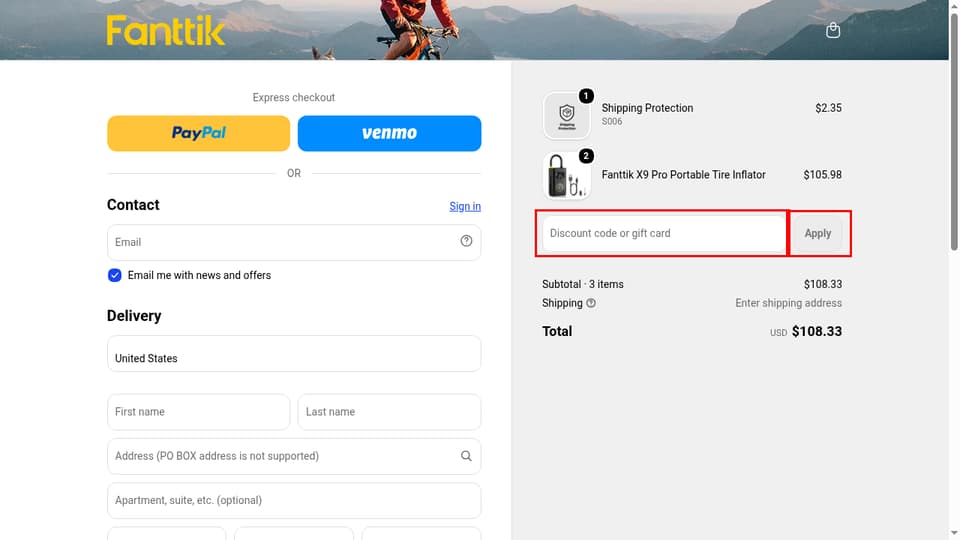 Fanttik checkout page showing the Discount code or gift card field and Apply button