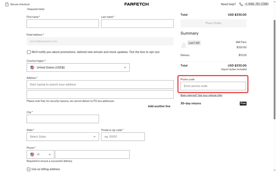 Farfetch checkout page showing the Enter promo code field and Apply button