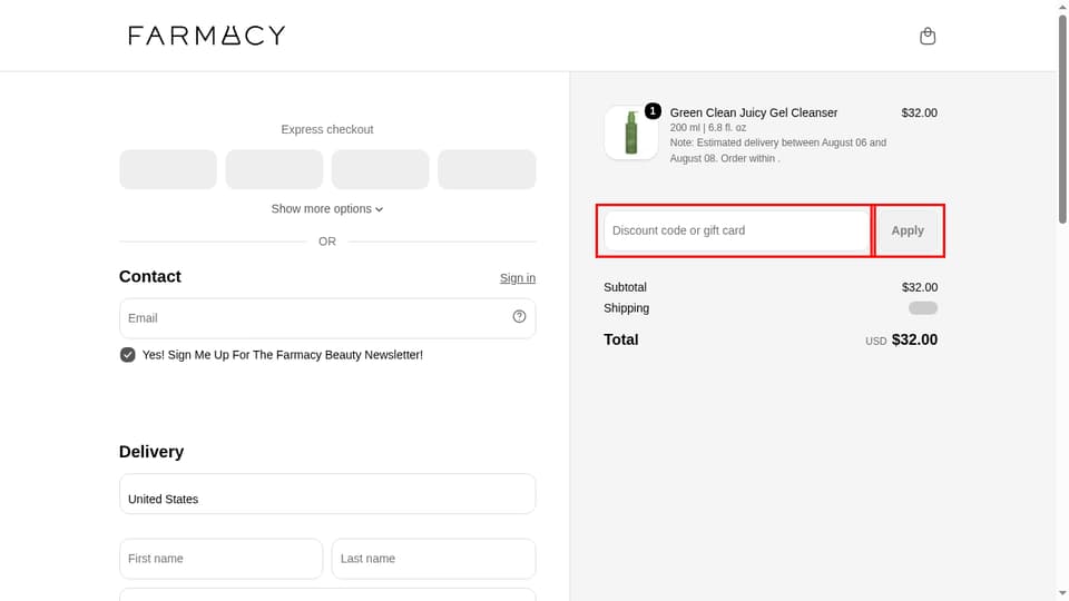 Farmacy Beauty checkout page showing the Discount code or gift card field and Apply button