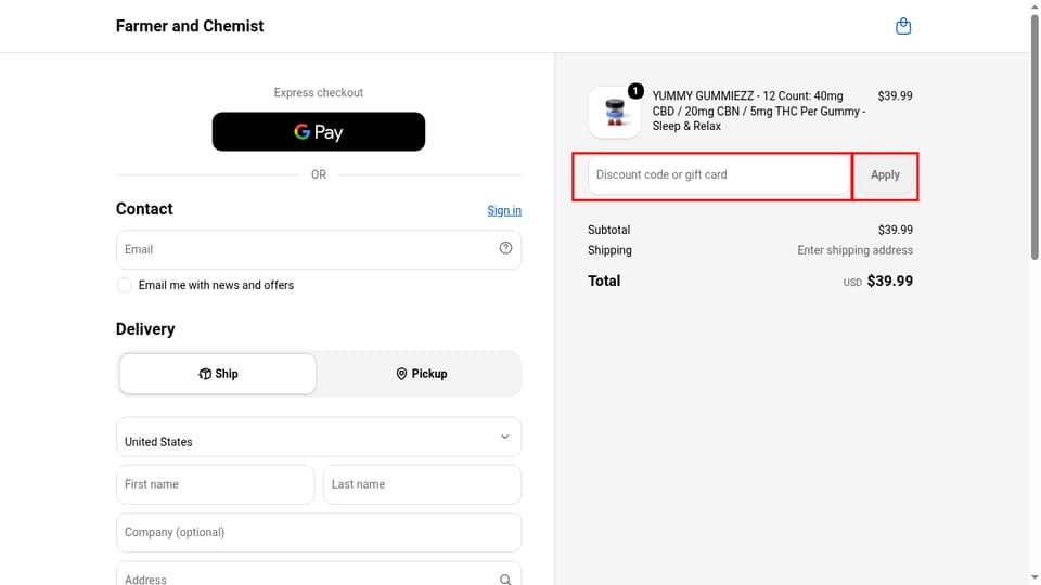 Farmer & Chemist checkout page showing the Discount code or gift card field and Apply button