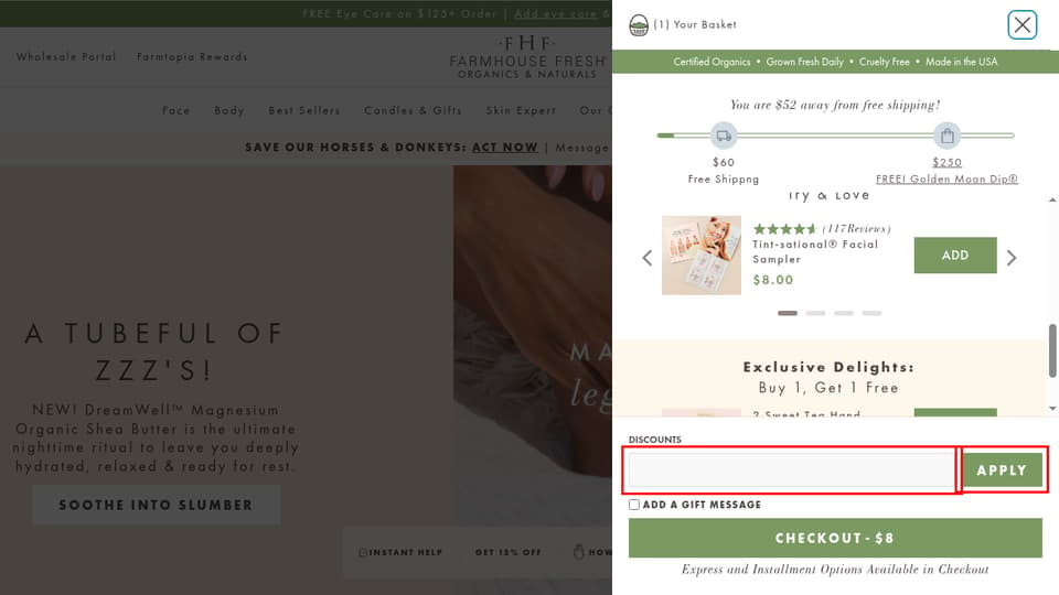 FarmHouse Fresh checkout page showing the Discounts field and Apply button