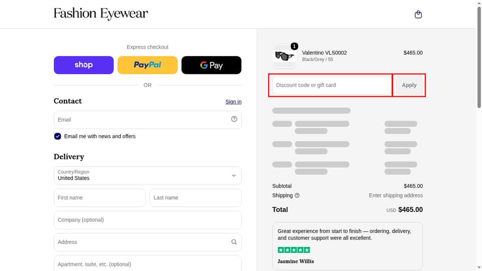 Fashion Eyewear checkout page showing the Discount code or gift card field and Apply button