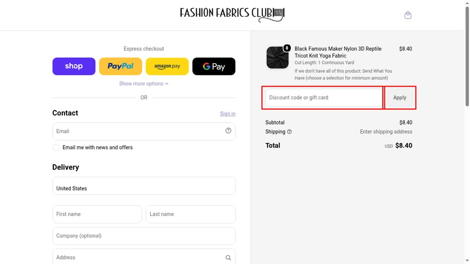 Fashion Fabrics Club checkout page showing the Discount code or gift card field and Apply button